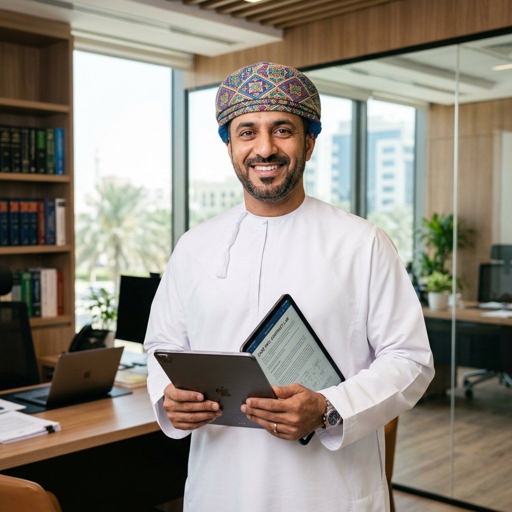 Omani lawyer reviewing cases on a tablet